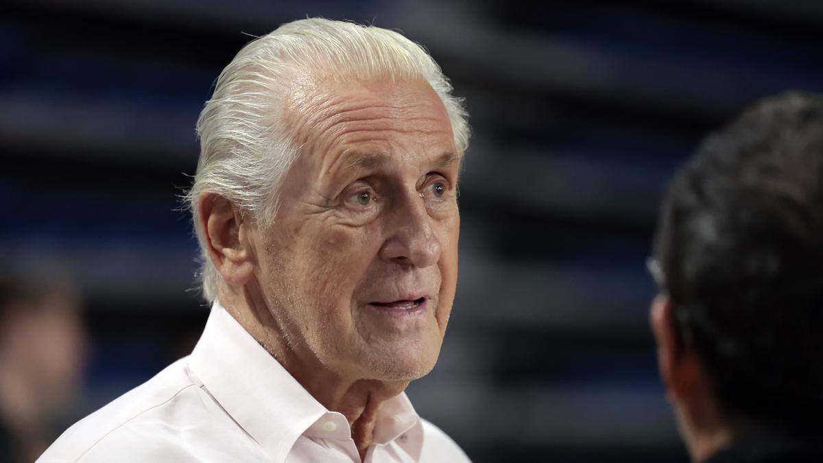 Miami Heat president Pat Riley looks on during training camp at Abessino Court at Eleanor R. Baldwin Arena at Florida Atlantic University in Boca Raton on October 2, 2025.