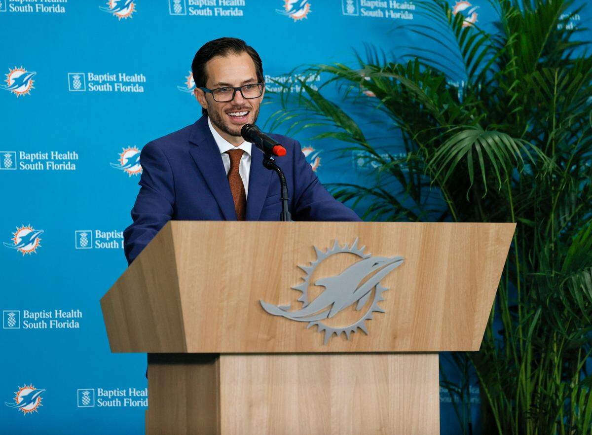New Miami Dolphins head coach Mike McDaniel speaks at his introductory press conference at Baptist Health Training Complex in Hard Rock Stadium on Thursday, February 10, 2022 in Miami Gardens, Florida.