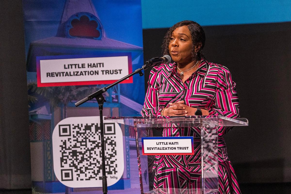 Joann Milord, President/CEO of the Little Haiti Revitalization Trust, speaks during a Little Haiti Strategic Playbook Presentation, to discuss the LHRT’s10-year strategic plan, celebrated at the Little Haiti Cultural Center, in Miami, on Saturday March 15, 2025.