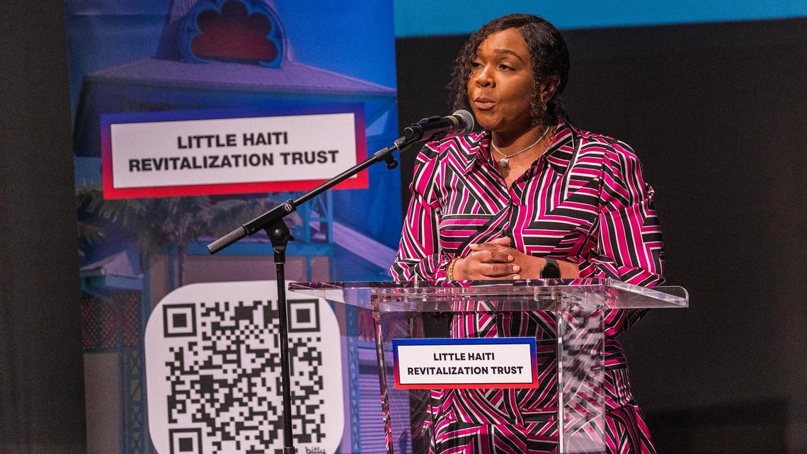 Joann Milord, President/CEO of the Little Haiti Revitalization Trust, speaks during a Little Haiti Strategic Playbook Presentation, to discuss the LHRT’s 10-year strategic plan, celebrated at the Little Haiti Cultural Center, in Miami, on Saturday March 15, 2025.