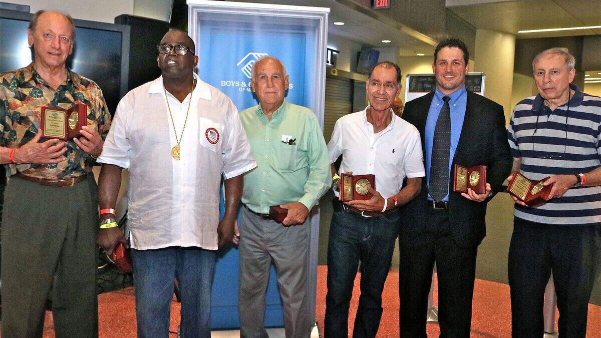 Boys & Girls Clubs of Miami-Dade held its fourth annual Alumni Reunion & Hall of Fame Induction at Marlins Park Aug. 25. This year’s inductees are, from left: Larry Rentz, accepting for his late brother Carl Rentz; Gerald Tinker; Serge Martinez; Paul George; Layne Jackson; and George Nowicki.