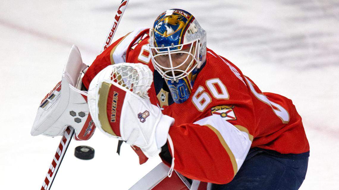 Florida Panthers goalie Chris Driedger (60) blocks a shot during warmups before the start of the Florida Panthers NHL home opener game against the Chicago Blackhawks at the BB&T Center on Sunday, January 17, 2021 in Sunrise, Fl.