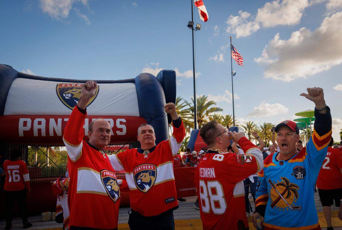 Florida Panthers fans chant “We want the Cup!” before Game 5 of the NHL Stanley Cup Final at the Amerant Bank Arena