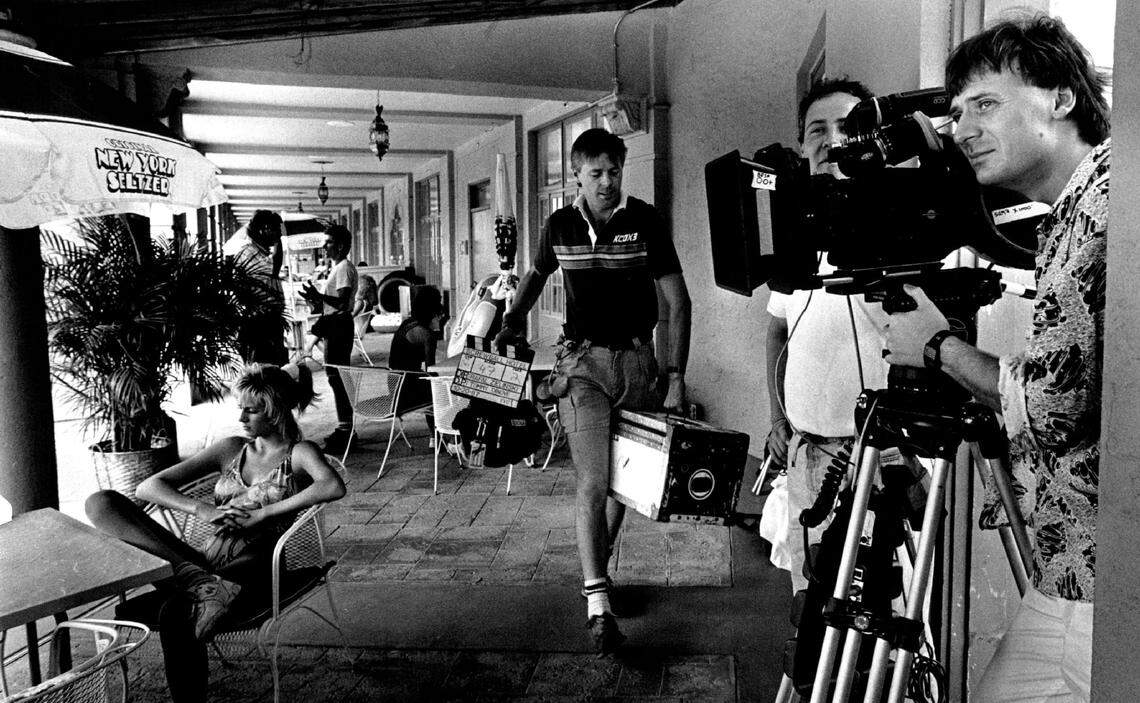 Crews set up a scene of “Screwball Hotel” being filmed at Coral Gables’ Biltmore Hotel in 1987.