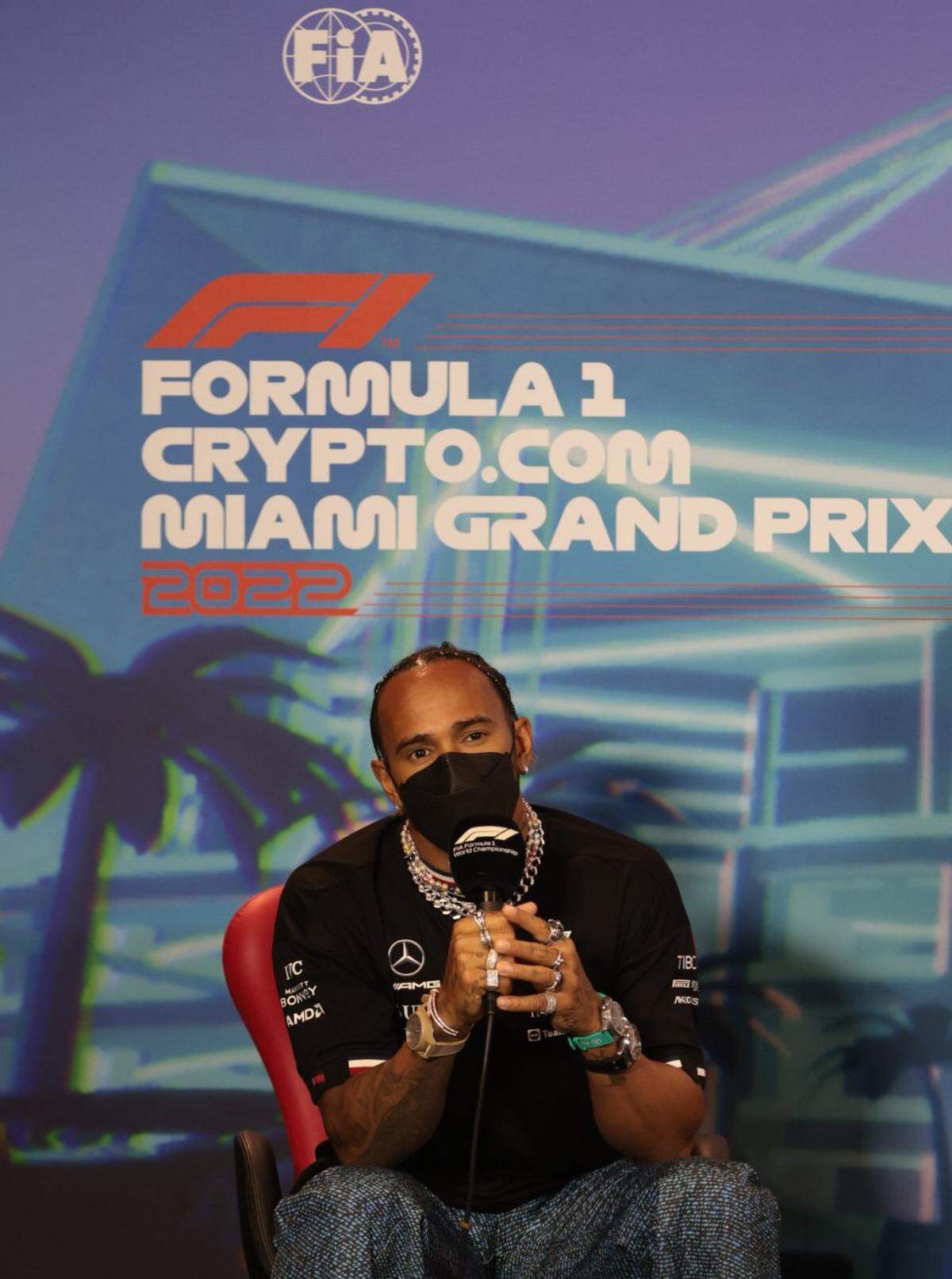 Mercedes driver Lewis Hamilton of Britain answers questions during the drivers press conference before the start of the first practice session of the Formula One Miami Grand Prix auto race at Miami International Autodrome on Friday, May 6, 2022 in Miami Gardens, Florida.