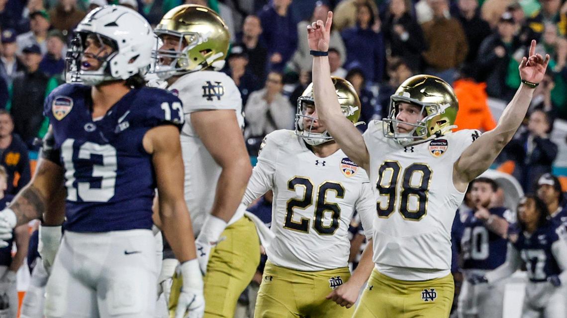 Notre Dame Fighting Irish place kicker Mitch Jeter (98) reacts after kicking the game winning field goal in the second half of their NCAA Playoff Semifinal Capital One Orange Bowl football game against the Penn State Nittany Lions at Hard Rock Stadium in Miami Gardens, Florida on Thursday, January 9, 2025.