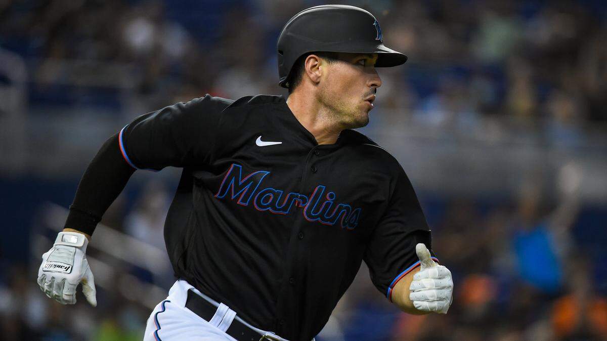 Nick Fortes #84 of the Miami Marlins runs towards first base after hitting a single in the first inning against the Pittsburgh Pirates at loanDepot park on September 18, 2021 in Miami, Florida.