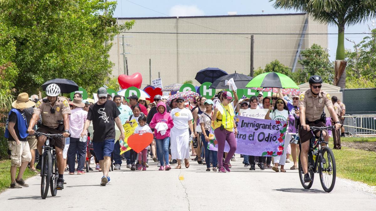 Moms, activists, community leaders and children march during a Motherâ€™s Day protest to shut down the countryâ€™s largest child detention facility outside the Homestead Detention Center in Homestead, Florida, on Sunday, May 12, 2019.