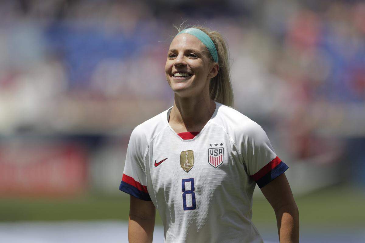 United States midfielder Julie Ertz is introduced during a send-off ceremony ahead of the FIFA Women’s World Cup after an international friendly soccer match against Mexico, Sunday, May 26, 2019, in Harrison, N.J. The U.S. won 3-0.