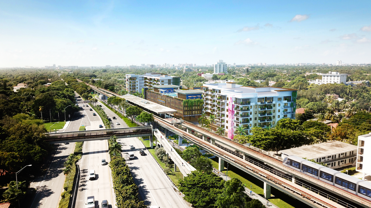 A rendering depicts Grass River Property’s and Coral Rock Development Group’s redevelopment proposal for the Vizcaya Metrorail Station as seen along U.S. 1.