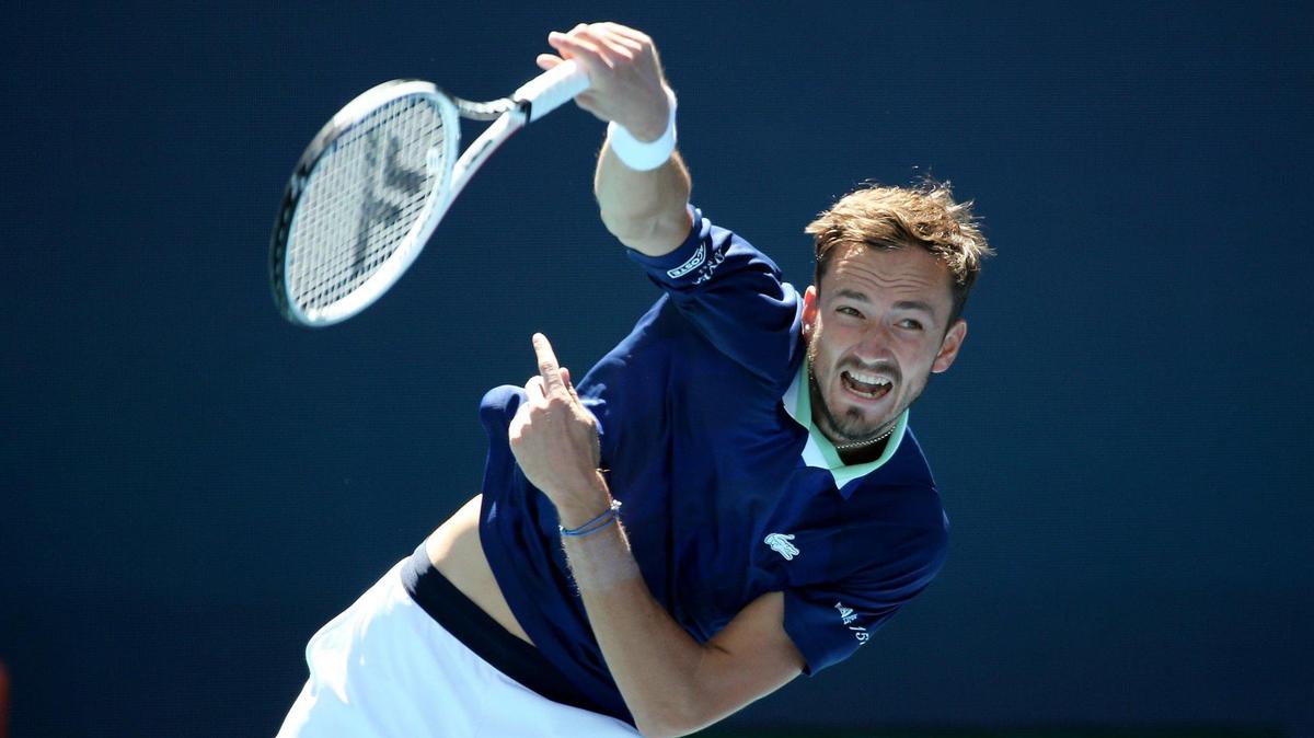Danil Medvedev serves Andy Murray during the Miami Open tennis tournament at Hard Rock Stadium in Miami Gardens, Florida on Saturday, March 26, 2022.
