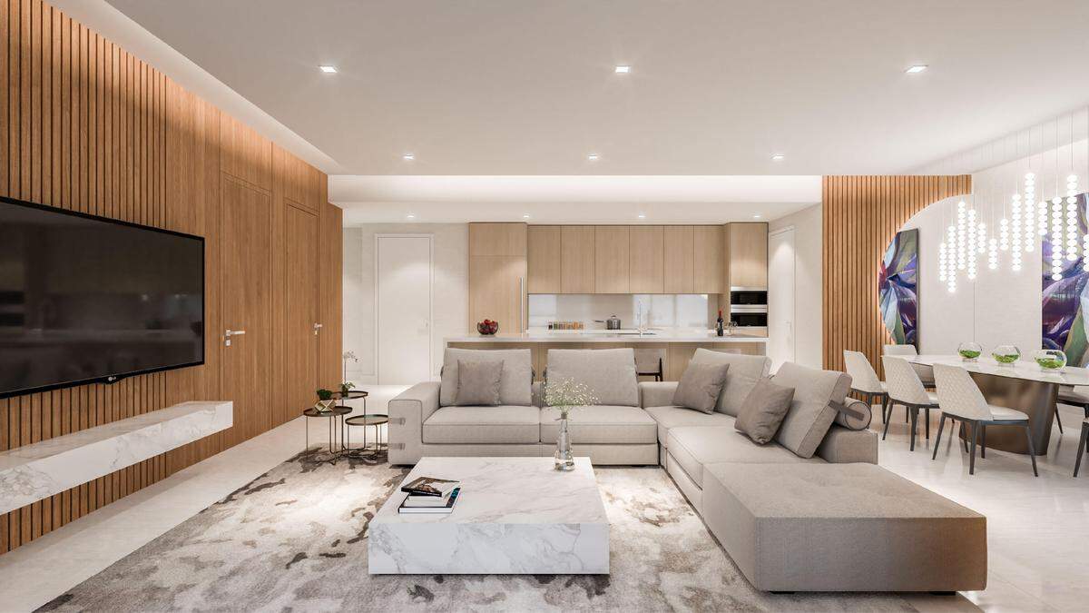 Las residencias de Sixth & Rio oscilan entre $900,000 y $2.5 millones. Arriba: Representación del salón de uno de los apartamentos de Sixth & Rio.