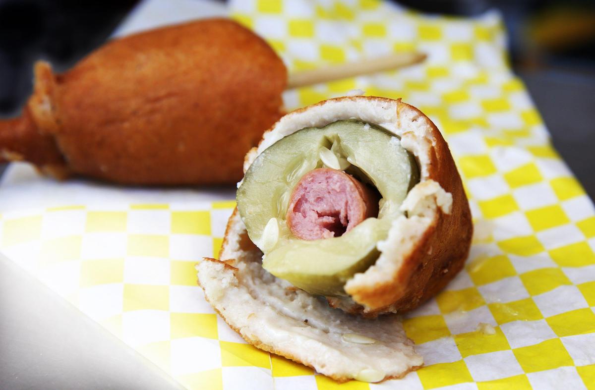 The Dilly Dilly Corn Dog, featuring a hot dog-stuffed dill pickle, deep fried on a stick and costs $9 at the Youth Fair. The Dilly Dilly Corn Dog can be found at location 218.