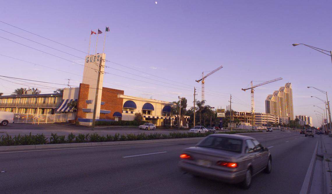 In 2001, the high-rise construction boom had just begun to transform the oceanfront of Sunny Isles Beach, which was dominated by quirky low-rise motels from the 1950s like the Suez Motel, seen in the front. 