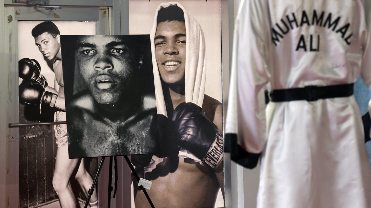 Images and personal items owned by Muhammad Ali are displayed at “I Shook Up the World,” an exhibit that commemorates the 60th anniversary of his fight with Sonny Liston in Miami Beach.