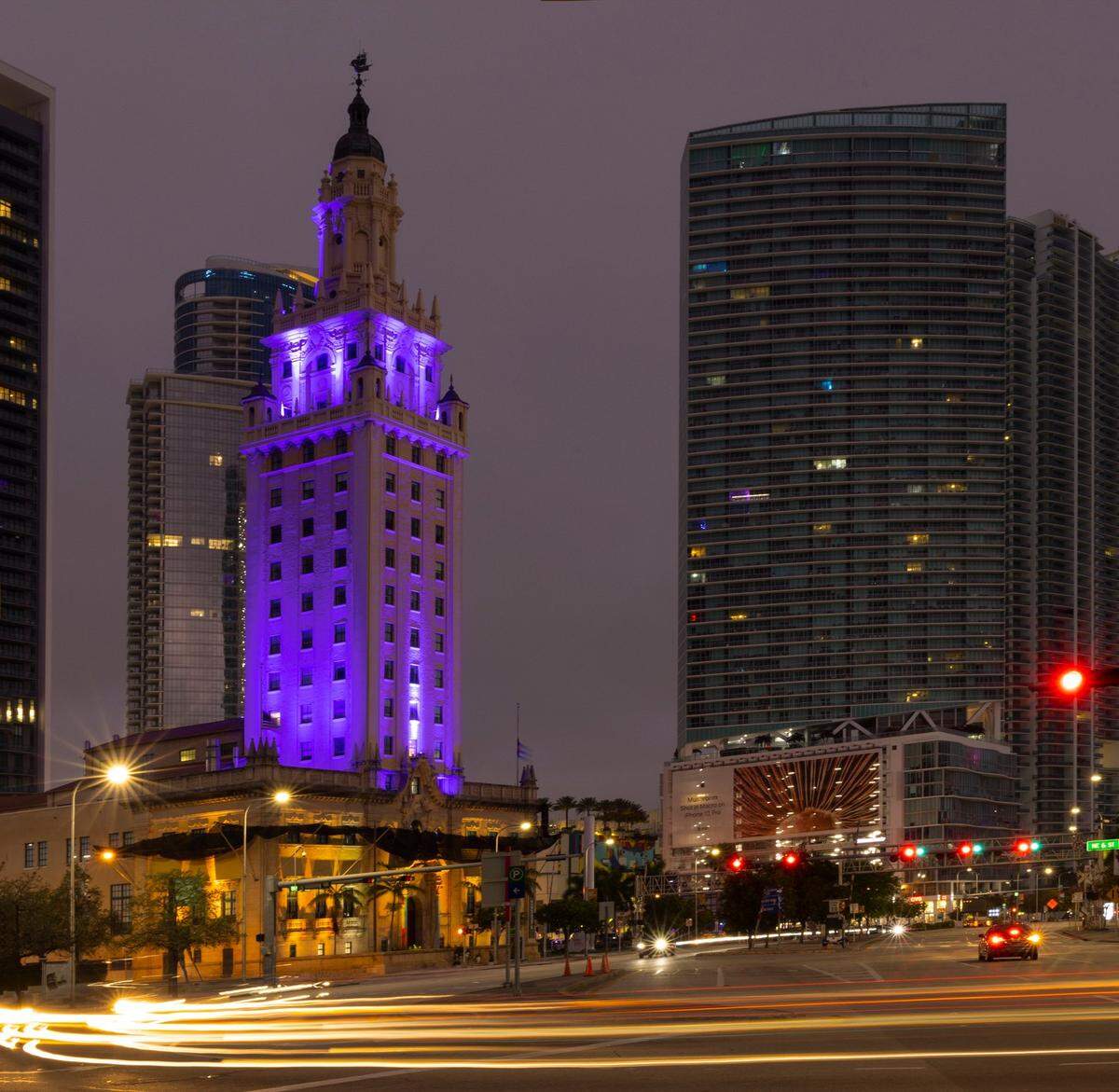 The historical Freedom Tower is lit in the colors of yellow and blue in solidarity with Ukraine on Monday, February 28, 2022 in downtown Miami, Florida.