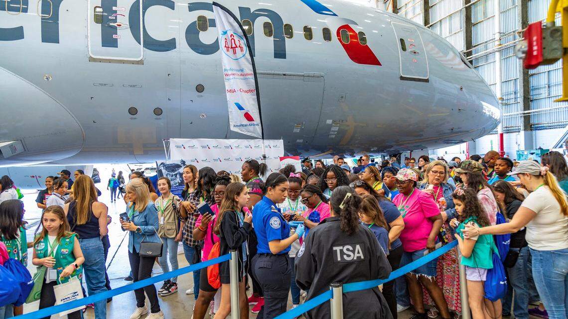 A group of Girl Scouts goes to a simulated TSA check point during the 3rd Women in Aviation Day at MIA, sponsored by American Airlines in partnership with the Girl Scouts of Tropical Florida to empower and inspire the next generation of women in aviation through a visit to Miami International Airport (MIA). More than 200 Girl Scouts attended to an hangar and an aircraft tour to meet with female professionals in the industry to learn more about career opportunities in aviation. on Saturday April 06, 2024.