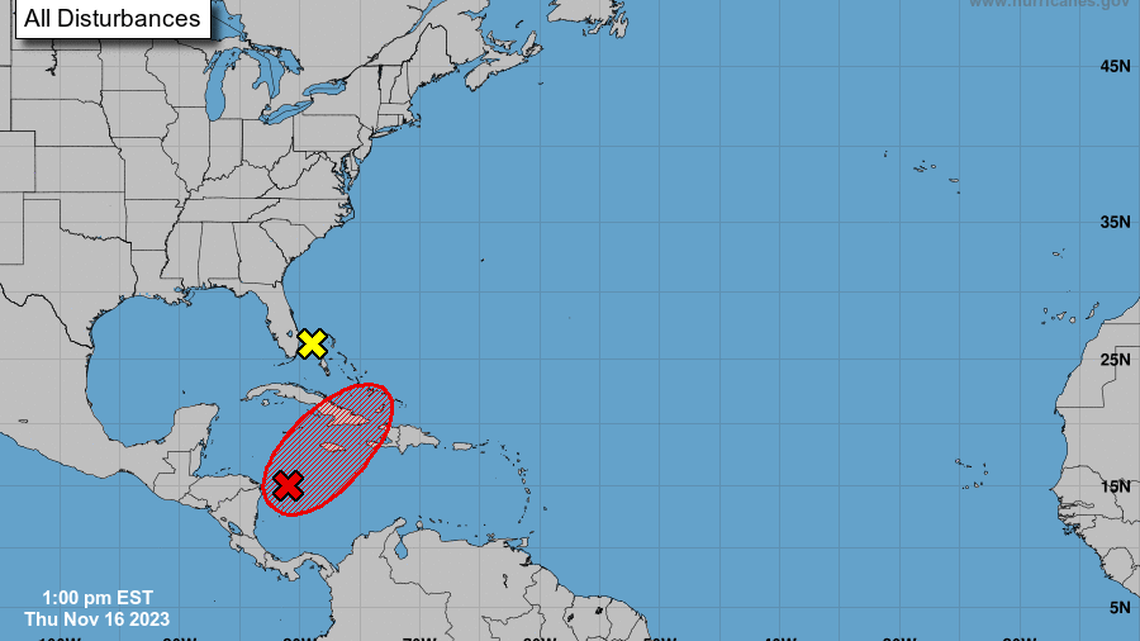 The National Hurricane Center was monitoring two disturbances on Thursday, Nov. 16, 2023. National Hurricane Center