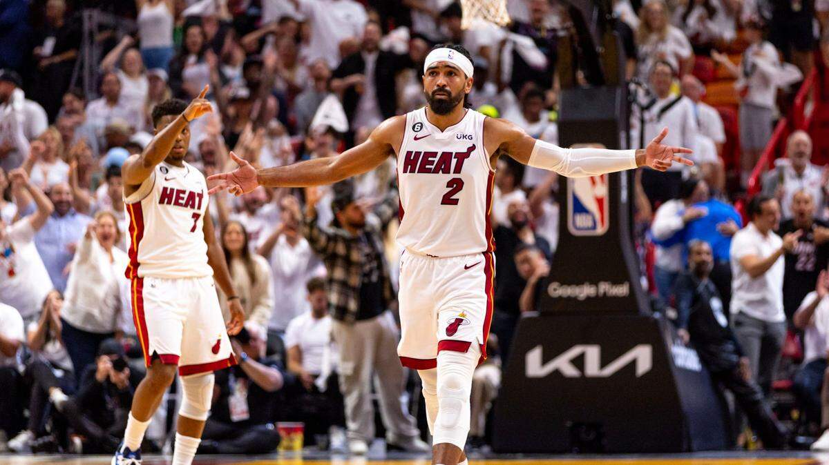 Miami Heat point guard Gabe Vincent (2) reacts to hitting a three-pointer against the Boston Celtics during the fourth quarter of Game 3 of the NBA Eastern Conference Finals series at Kaseya Center in Miami, Florida, on May 21, 2023.