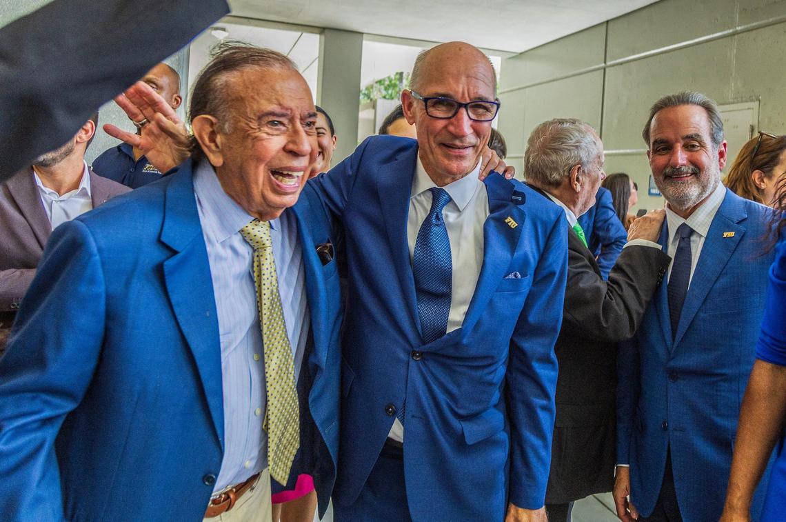 FIU President Kenneth A. Jessell (right) and former President Modesto A. Maidique joined together during a party to celebrate Florida International University being ranked 46 among the nations public universities by U.S. News & World Report Best Colleges 2025 rankings.