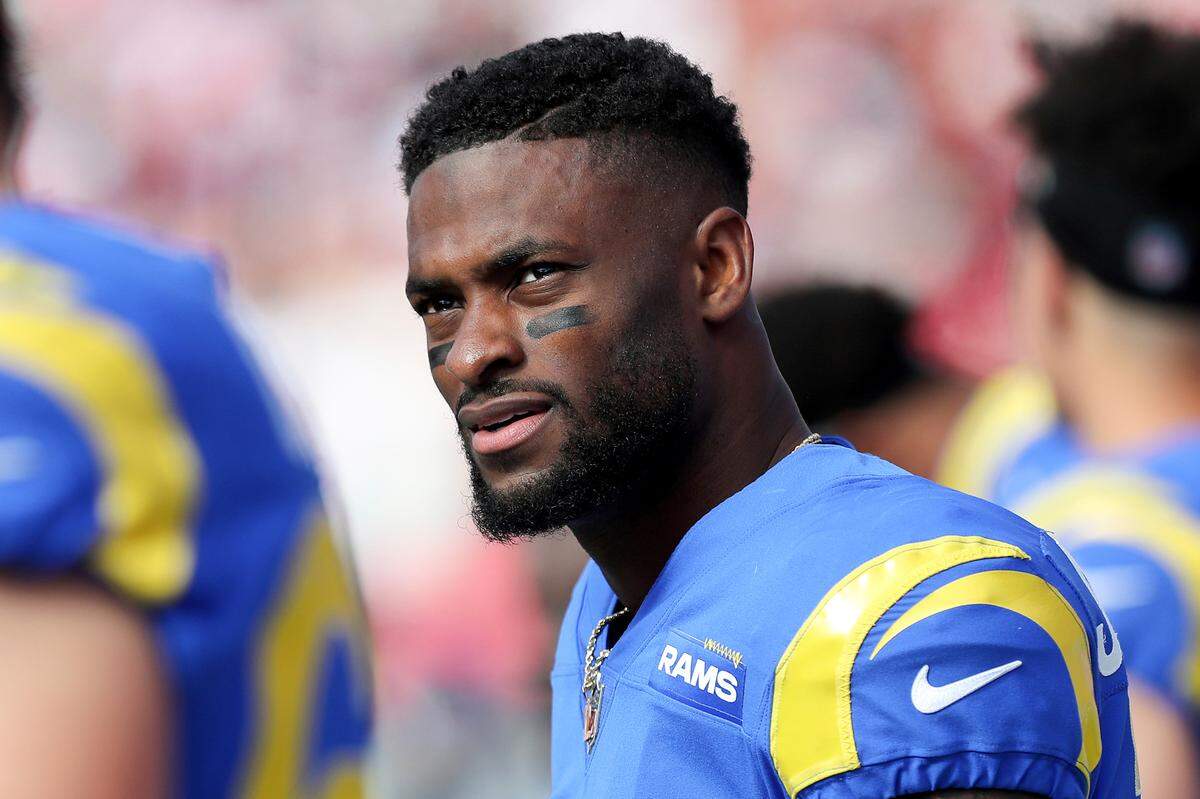 Los Angeles Rams wide receiver Van Jefferson (12) watches the scoreboard during a NFL divisional playoff football game between the Los Angeles Rams and Tampa Bay Buccaneers, Sunday, January 23, 2022 in Tampa, Fla.