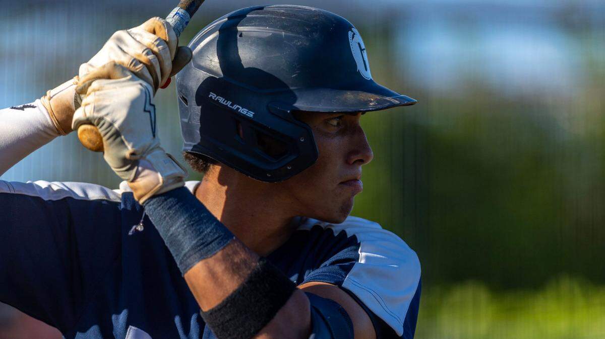 Gulliver Prep shortstop George Lombard at bat during a high school baseball game against Somerset Academy Silver Palms at Gulliver Academy, in Coral Gables, Florida, on Tuesday, April 25, 2023.