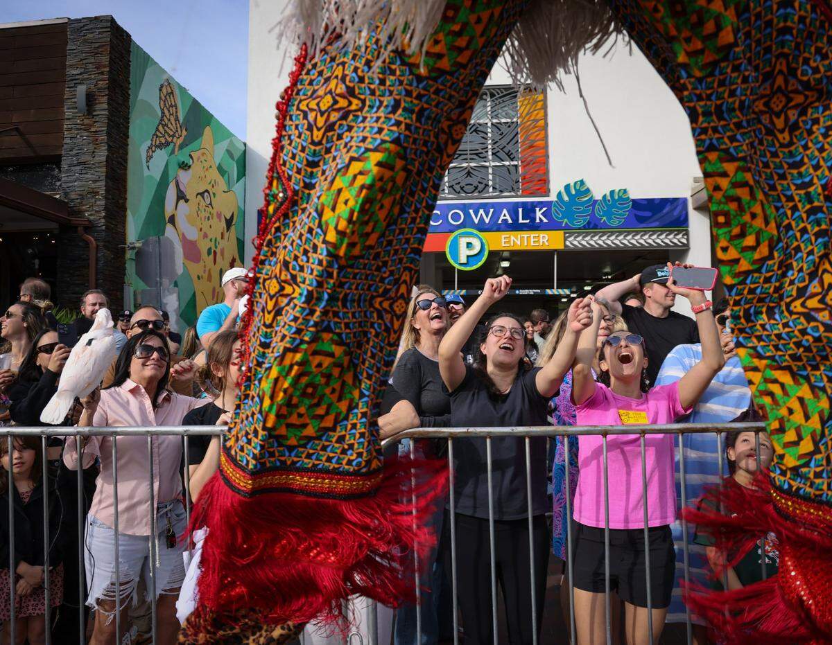 A Virgin Island Mocko Jumbies dancer get the crowd engaged.