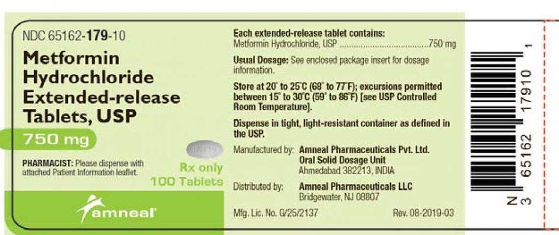 The label for one of the Amneal Metformin 750 mg lots recalled May 29