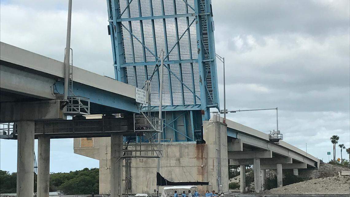 The Snake Creek Bridge, the last drawbridge in the Florida Keys, is shown in the up position. A boat hit power lines Saturday, Sept. 4, 2021, causing the span to be stuck in the open position for about a half hour.