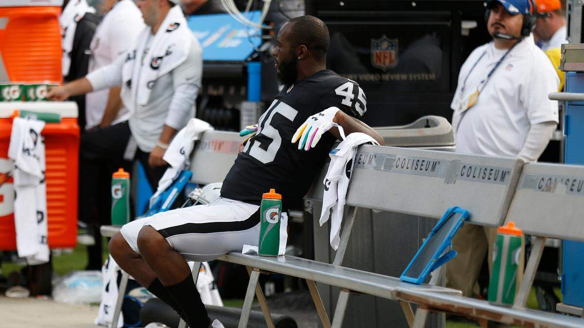 Oakland Raiders defensive back Dominique Rodgers-Cromartie (45) sits on the bench during the second half of an NFL football game against the Indianapolis Colts in Oakland, Calif., Sunday, Oct. 28, 2018.