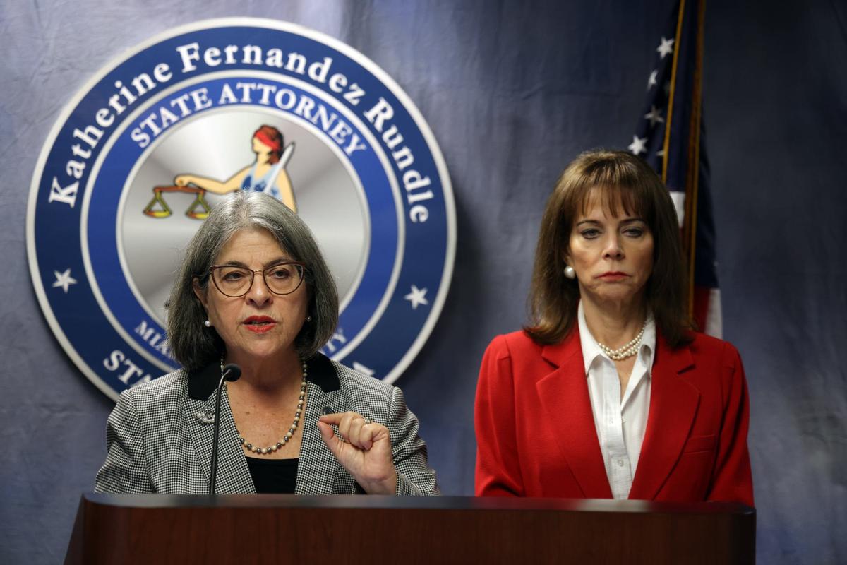 Miami-Dade County Mayor Levine Cava, left, gives her comments regarding the arrest of four individuals linked to the mass shooting at El Mula Banquet Hall with State Attorney, Katherine Fernandez Rundle, right. These arrests come three years after the tragic shooting on Memorial Day 2021, which resulted in three fatalities and 20 injuries.