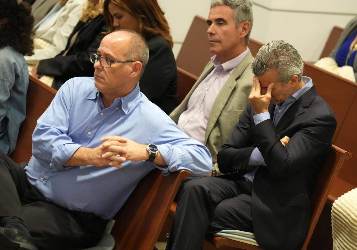 Fred Gutenberg, left, and Max Schachter react to witness testimony during the penalty phase of shooter Nikolas Cruz at the Broward County Courthouse in Fort Lauderdale on Friday, July 22, 2022. Cruz previously pleaded guilty to all 17 counts of premeditated murder and 17 counts of attempted murder in the 2018 shootings at Marjory Stoneman Douglas High School.