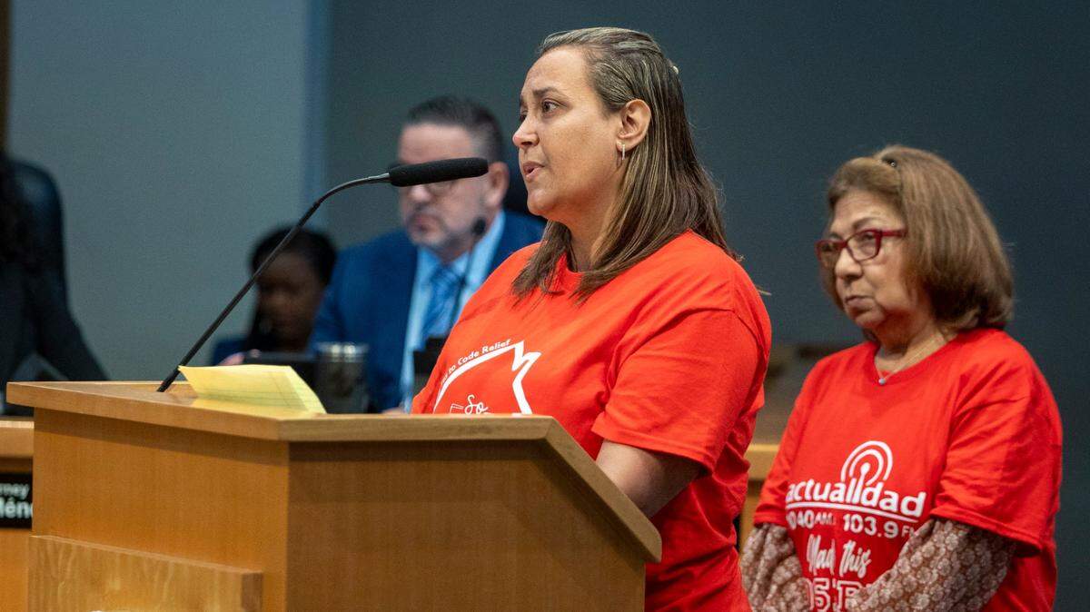 Miami, Florida, October 12, 2023 - Zahary Pacheco speaks to the commission during today’s commission meeting. Zahary Pacheco, who has been fighting a code enforcement battle with the city of Miami for going on three years, went before the city commission to speak on behalf of a code change that would fix her problem once and for all.