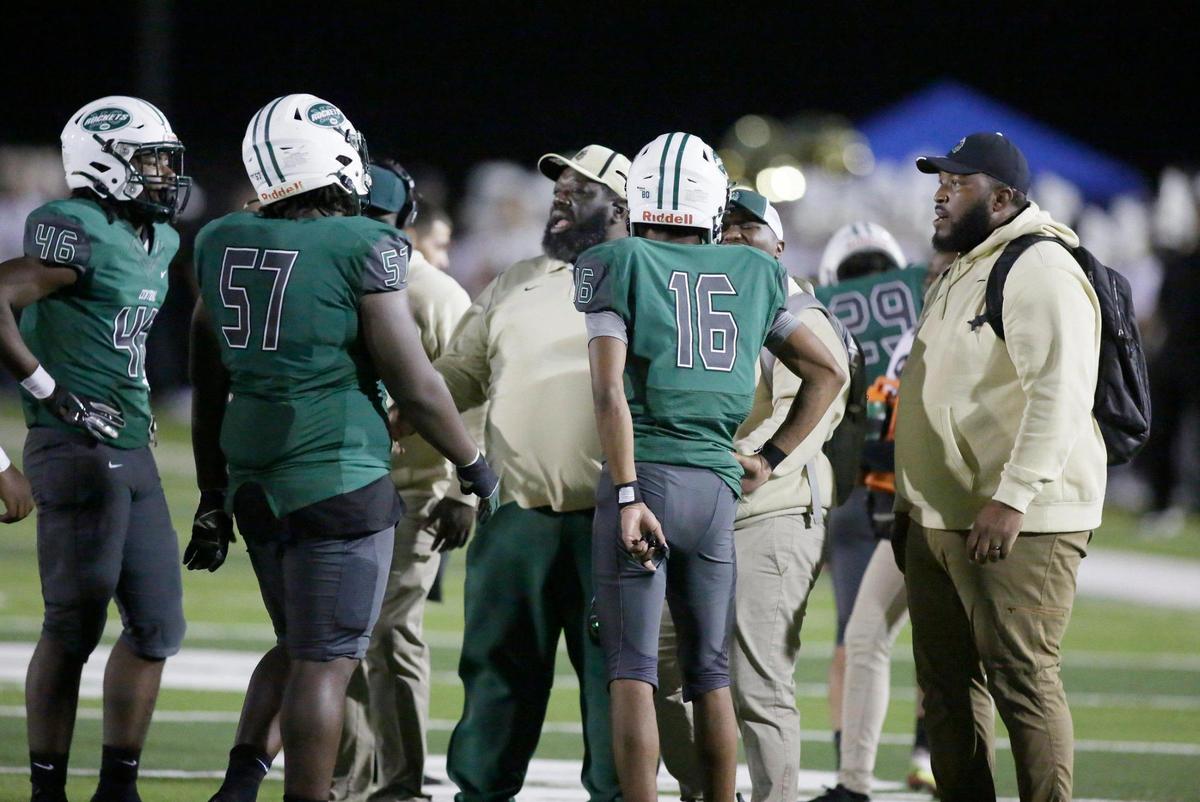 Miami Central Rockets take a time out during Class 2M state semifinal game against St. Petersburg Lakewood Spartans on Friday, December 2, 2022 at Traz Powell Stadium in Miami. Andrew Uloza / for Miami Herald