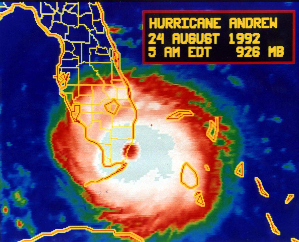 Photo from NOAA satellite showing Hurricane Andrew making landfall near Homestead Air Force Base in Florida at 5 a.m. EDT, Aug. 24, 1992, with sustained winds at 145 mph and gusts of 175 mph.