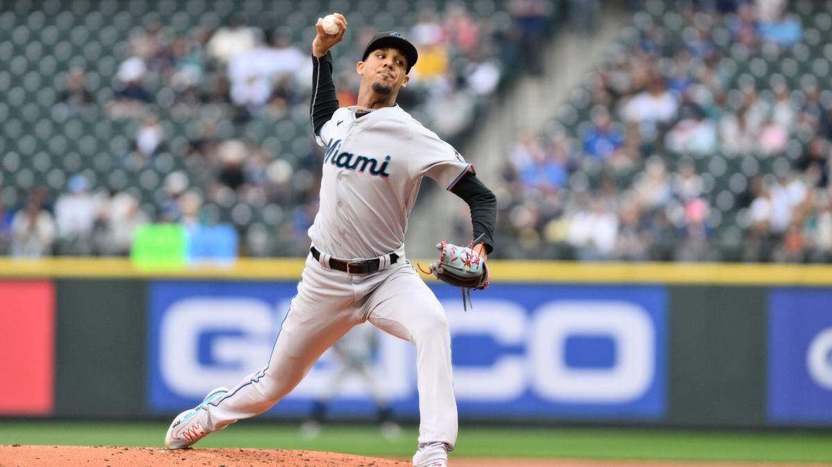 Jun 14, 2023; Seattle, Washington, USA; Miami Marlins starting pitcher Eury Perez (39) pitches to the Seattle Mariners during the first inning at T-Mobile Park. Mandatory Credit: Steven Bisig-USA TODAY Sports