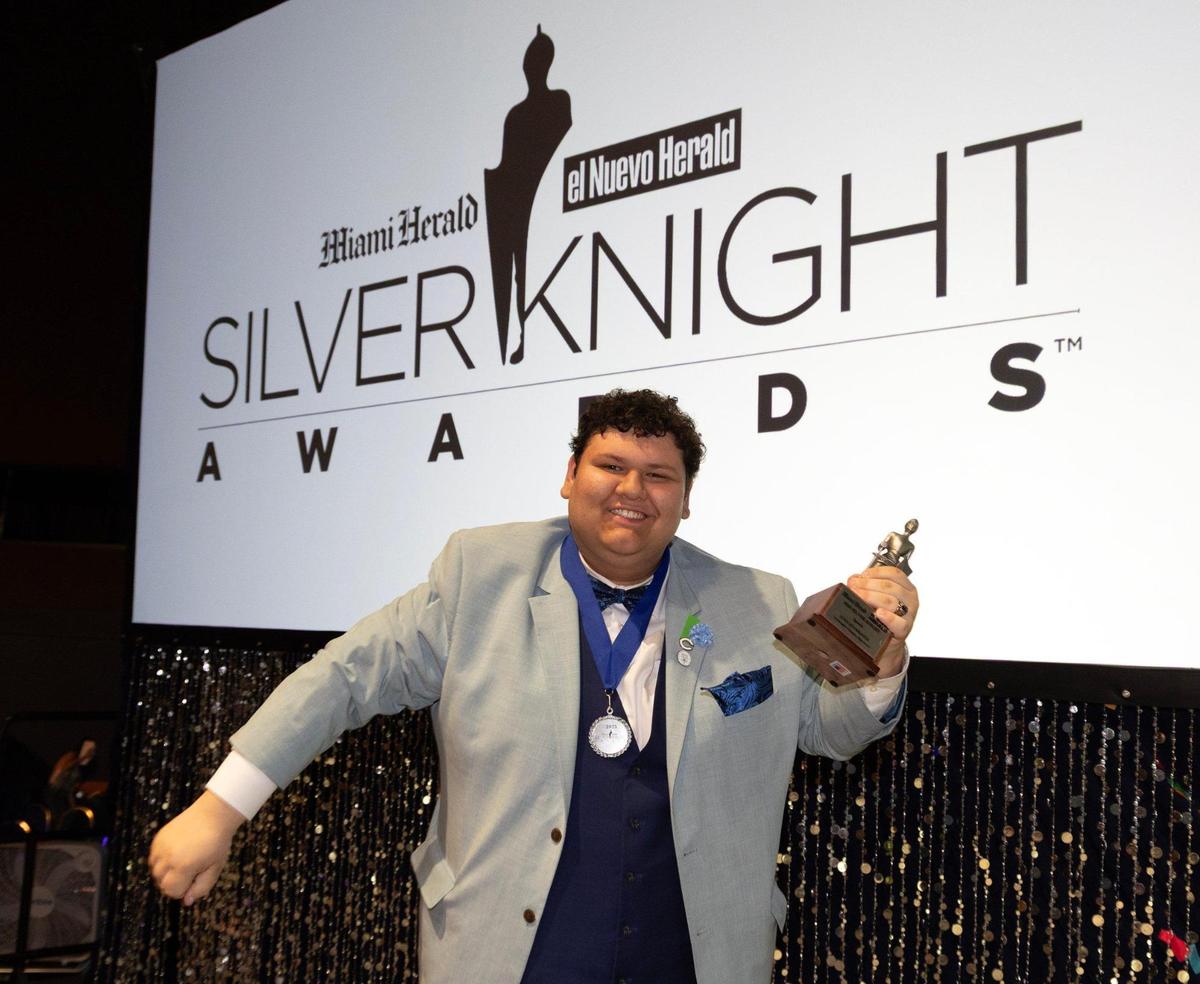 Silver Knight winner Sven Stumbauer in the Speech category, from Christopher Columbus High School High School celebrates on stage during the Miami Herald & el Nuevo Herald 67th&nbsp;Silver&nbsp;Knight&nbsp;Award Ceremony at the James L.&nbsp;Knight&nbsp;Center on Wednesday, May 14, 2025, in downtown Miami, Fla.