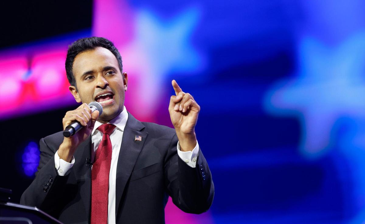 Vivek Ramaswamy speaks during the Turning Point Action Conference at the Palm Beach County Convention Center in West Palm Beach, Florida, on Saturday, July 15, 2023.