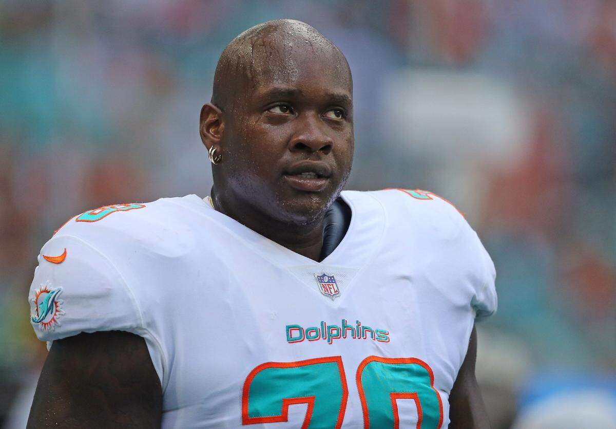 Former Miami Dolphins offensive tackle Laremy Tunsil looks on during first quarter of an NFL football game against the Chicago Bears at Hard Rock Stadium on Sunday, October 14 2018, in Miami Gardens.