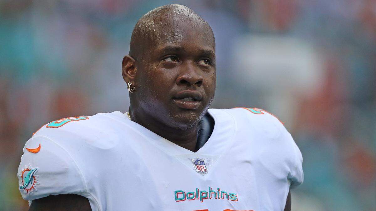 Former Miami Dolphins offensive tackle Laremy Tunsil looks on during first quarter of an NFL football game against the Chicago Bears at Hard Rock Stadium on Sunday, October 14 2018, in Miami Gardens.