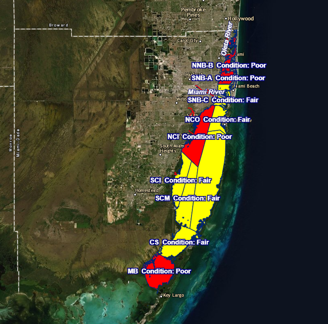 In this map from this year’s Biscayne Bay report card — an assessment using a green, yellow and red “stop light” approach to classify water quality criteria in the different areas in the bay — the red areas are the same where the seagrass decline has been more dire. Biscayne Bay didn’t get any “good” scores this year, only “poor” and “fair.”
