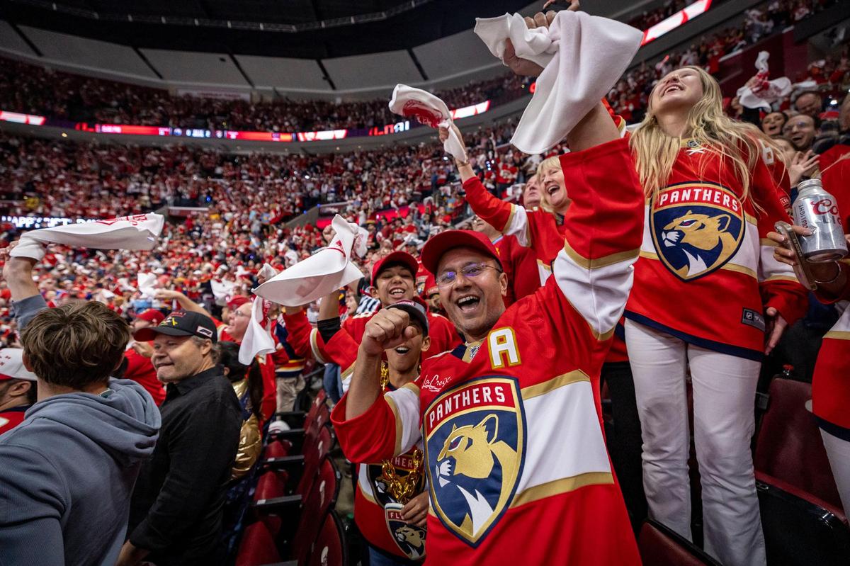 Fans celebrate following the Panther’s second goal during the first period of Game 3 in the NHL Stanley Cup Final series at Amerant Bank Arena on Monday, June 9, 2025, in Sunrise, Fla.