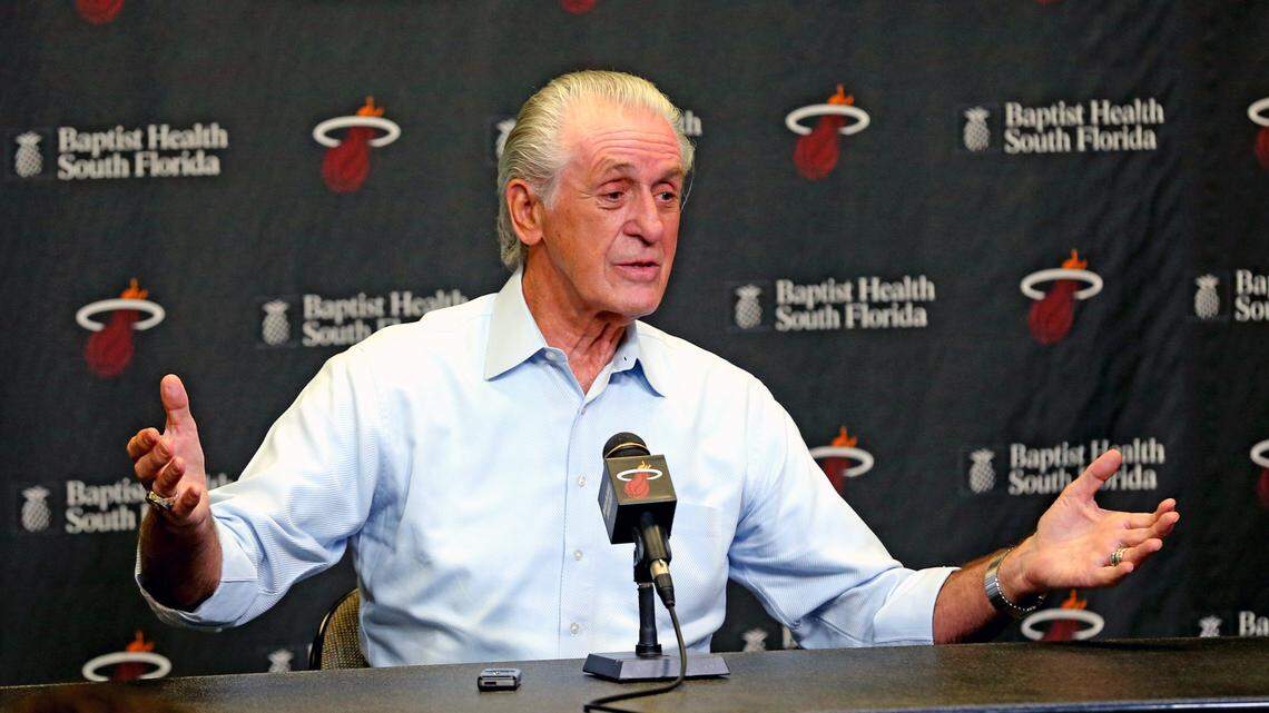 Pat Riley, president of the Miami Heat, talks with the media at a season-end press conference at the AmericanAirlines Arena on April 30.