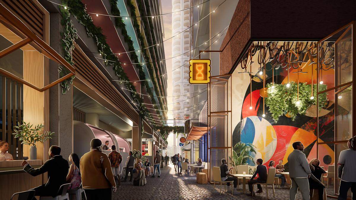 Representación artística de un callejón de restaurante y bar en el proyecto de uso mixto Sunset Place propuesto para el espacio que actualmente alberga Shops at Sunset Place en South Miami.