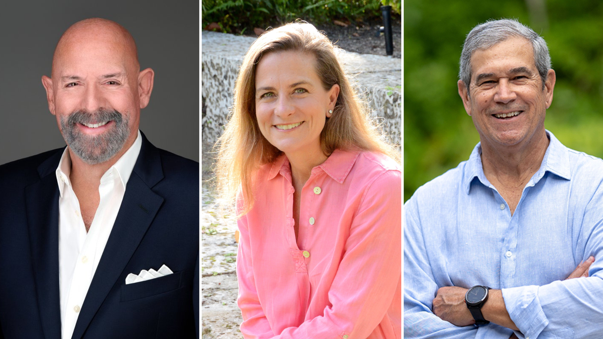 Tres antiguos residentes de Key Biscayne —Fausto Gómez (izquierda), Katie Petros y el ex alcalde de Key Biscayne Joe Rasco— compiten por ser el próximo alcalde de la localidad en las elecciones primarias del 23 de agosto.