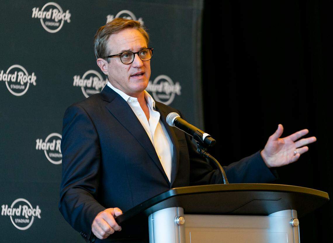 Chief Executive Officer of the Miami Dolphins Tom Garfinkel speaks Monday during the press conference on allowing fans at Dolphins games.