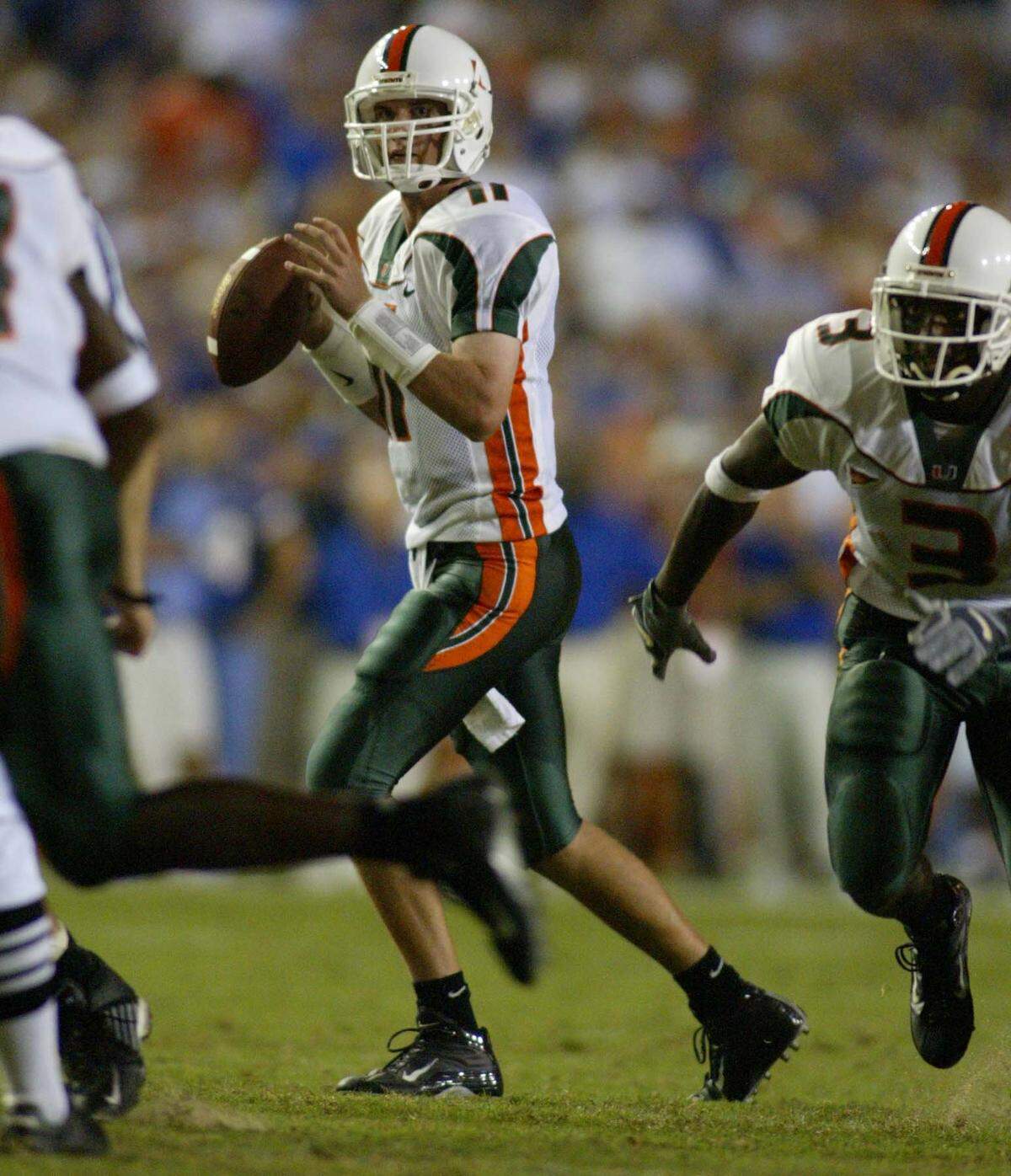 In 2002, UM quarterback Ken Dorsey goes back to pass in the fourth quarter against UF in Gainesville.