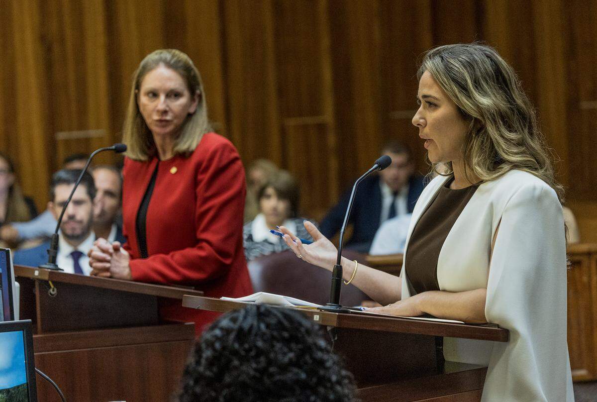 Defense attorney Jeanelle Gómez (right), representing defendant George Pino and Miami-Dade State Attorney Prosecutor Laura Adams, addresses Judge Marisa Tinkler Mendez, during the second day of a motion hearing, at the Richard E. Gerstein Justice Building in Miami, on Thursday, May 28, 2026.
