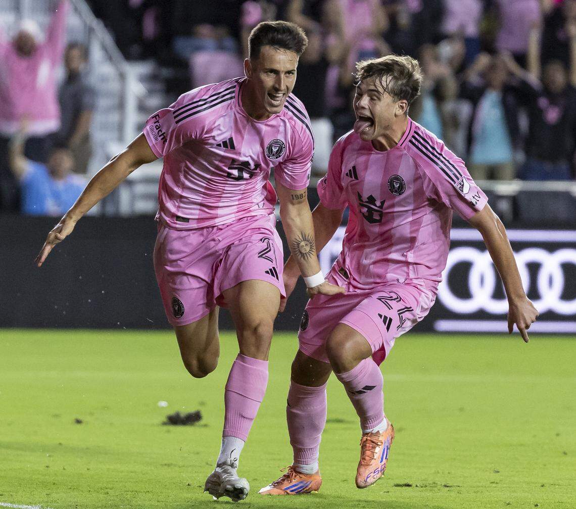 Inter Miami forward Tadeo Allende (21) celebrates after scoring a goal against New York City FC in the first half of their MLS Eastern Conference final match at Chase Stadium on Saturday, Nov. 29, 2025, in Fort Lauderdale, Fla.