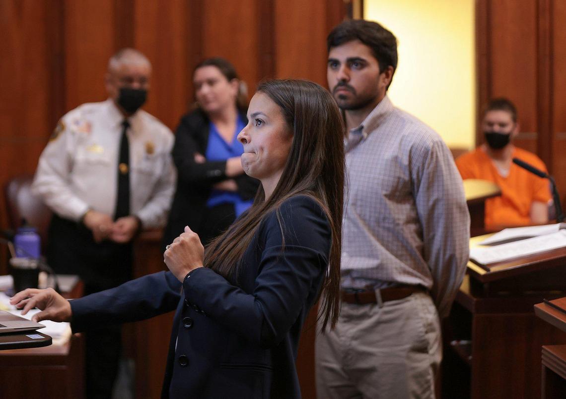 On Monday. Nov. 7, 2022, Javier Lopez, a Hialeah man accused of beating a Republican canvasser on Oct. 23, is questioned by defense attorney Aileen Penate Hernandez, left.
